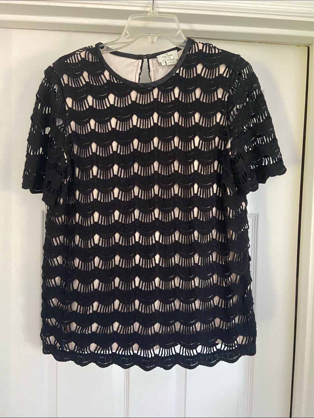 kate spade Black Crochet Overlay Short Sleeve Blouse with Cream Lining
